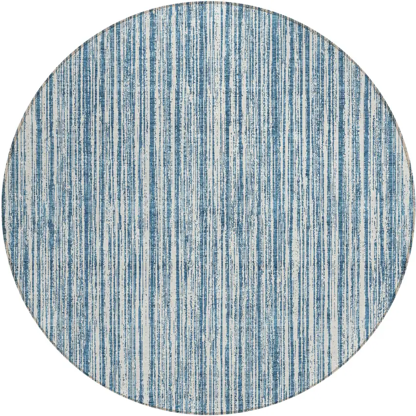 8' Blue And Ivory Round Striped Washable Indoor Outdoor Area Rug Photo 1