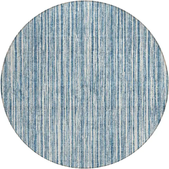 8' Blue And Ivory Round Striped Washable Indoor Outdoor Area Rug Photo 1