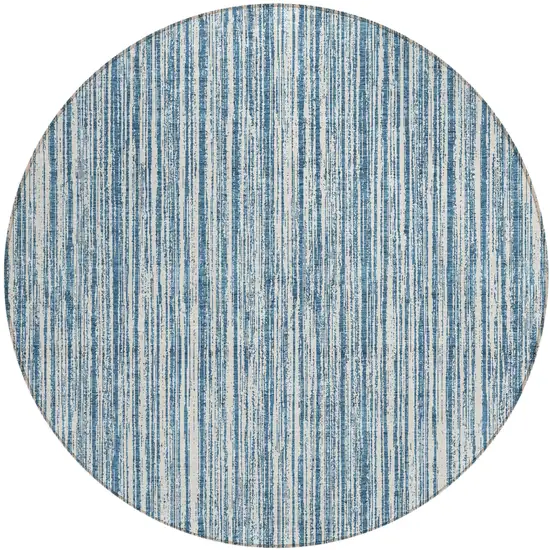 8' Blue And Ivory Round Striped Washable Indoor Outdoor Area Rug Photo 1