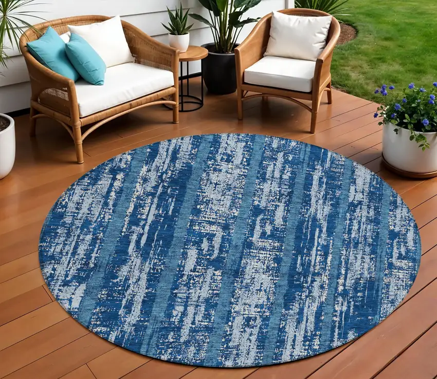 8' Blue And Ivory Round Striped Washable Indoor Outdoor Area Rug Photo 1