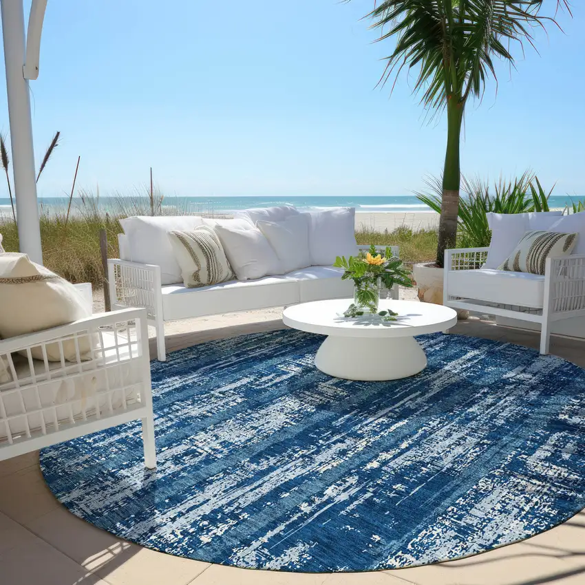 8' Blue And Ivory Round Striped Washable Indoor Outdoor Area Rug Photo 6