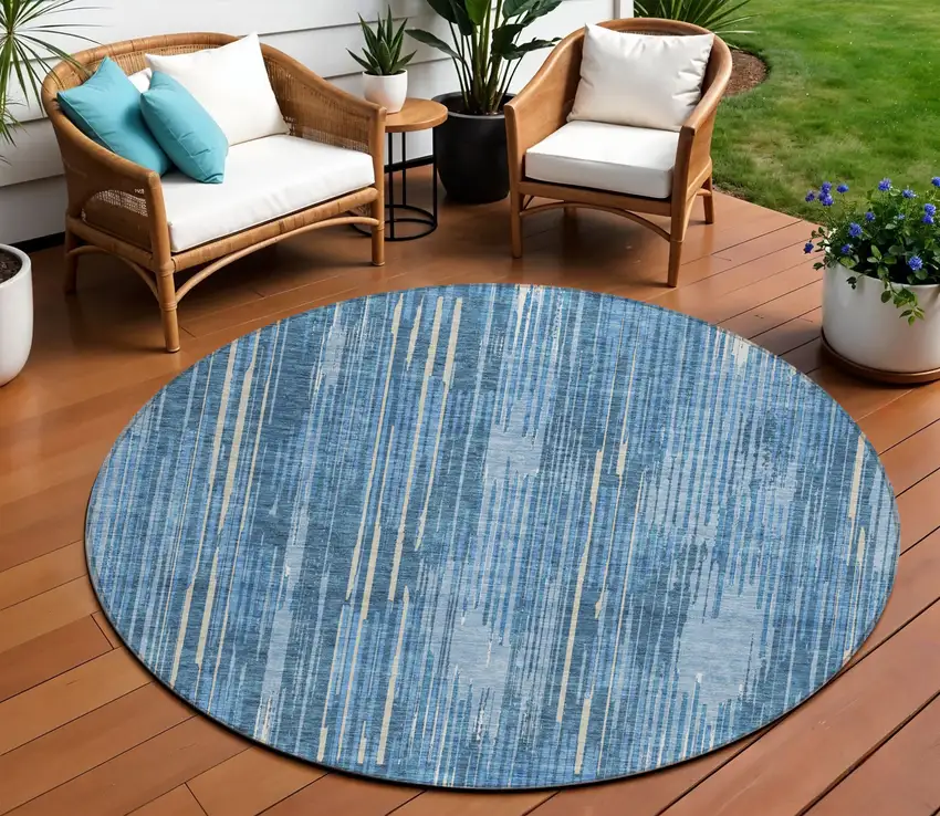 8' Blue And Ivory Round Striped Washable Indoor Outdoor Area Rug Photo 1