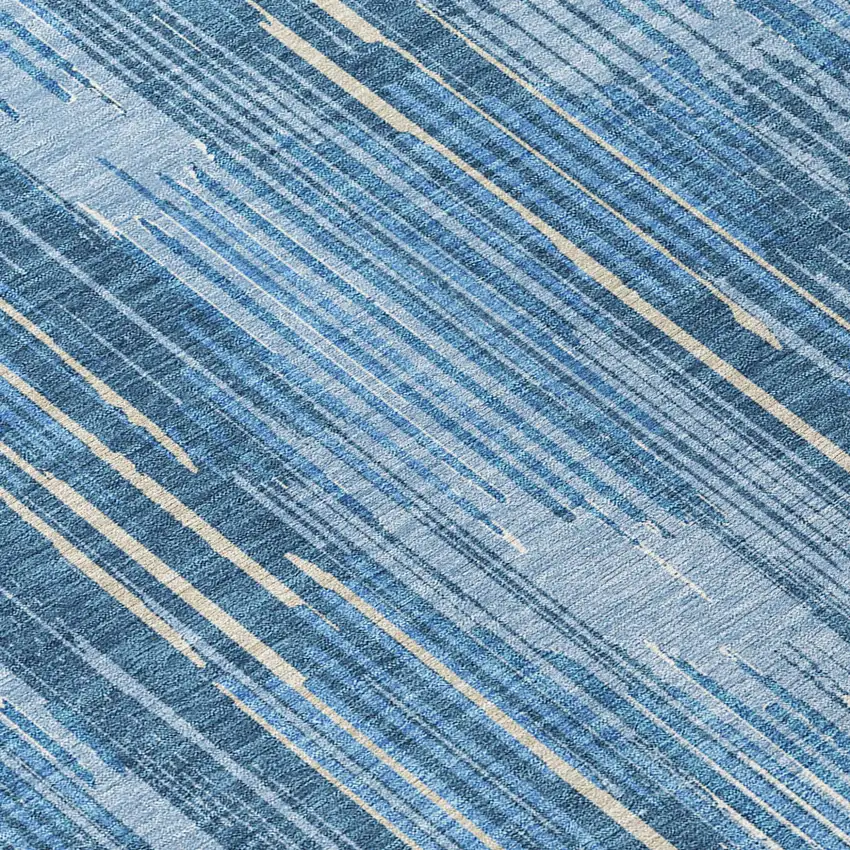 8' Blue And Ivory Round Striped Washable Indoor Outdoor Area Rug Photo 8
