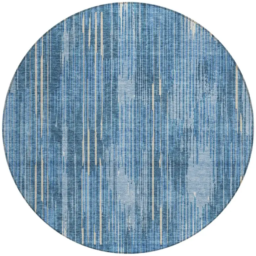 8' Blue And Ivory Round Striped Washable Indoor Outdoor Area Rug Photo 4