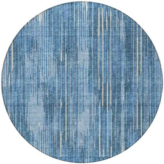 8' Blue And Ivory Round Striped Washable Indoor Outdoor Area Rug Photo 5