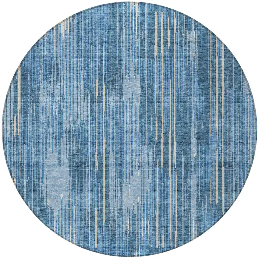 8' Blue And Ivory Round Striped Washable Indoor Outdoor Area Rug Photo 5