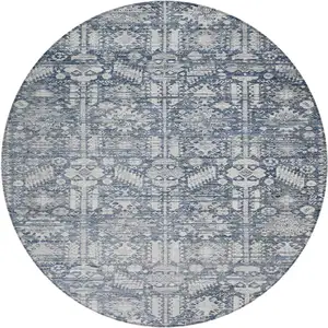 Photo of 8' Blue And Ivory Round Tribal Washable Indoor Outdoor Area Rug