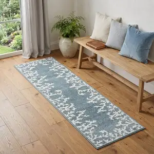 Photo of 7' Blue And Ivory Seashell and Coral Runner Rug