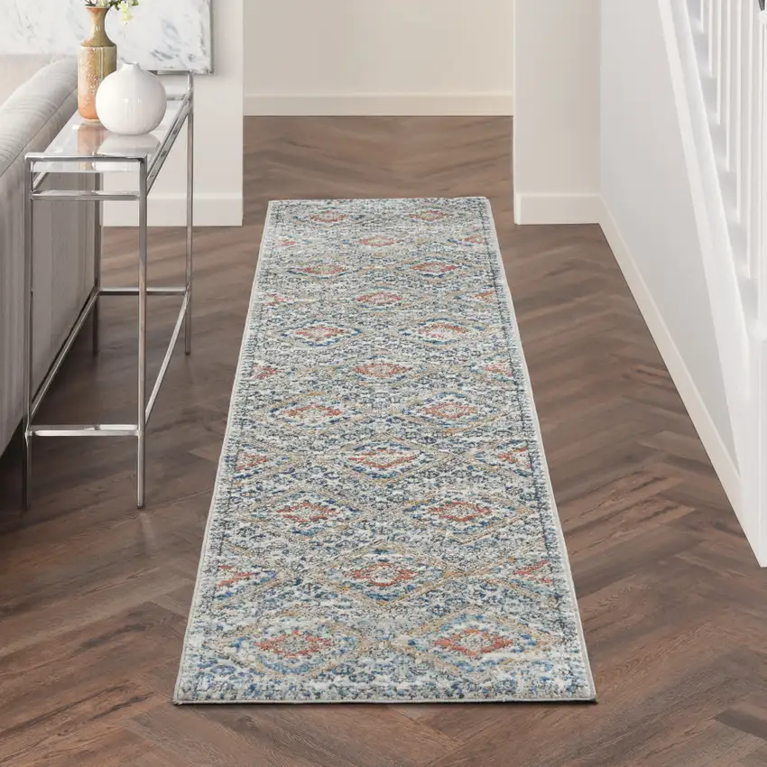 8' Blue And Ivory Southwestern Power Loom Non Skid Runner Rug Photo 5