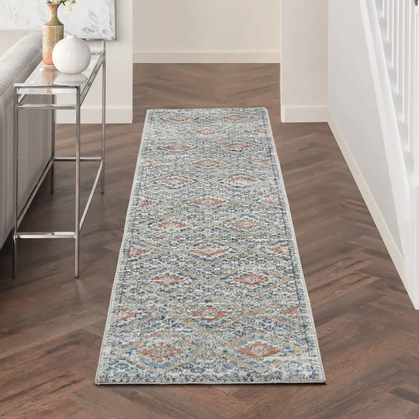 8' Blue And Ivory Southwestern Power Loom Non Skid Runner Rug Photo 9