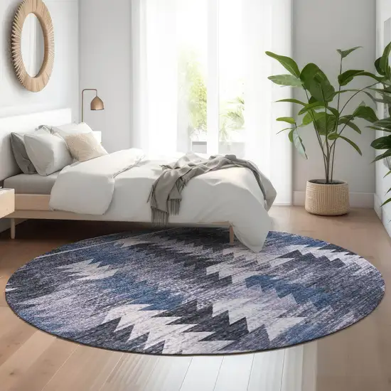 8' Blue And Ivory Southwestern Washable Round Rug With UV Protection Photo 5