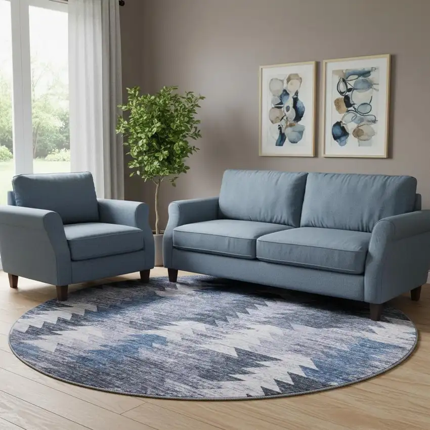 8' Blue And Ivory Southwestern Washable Round Rug With UV Protection Photo 1