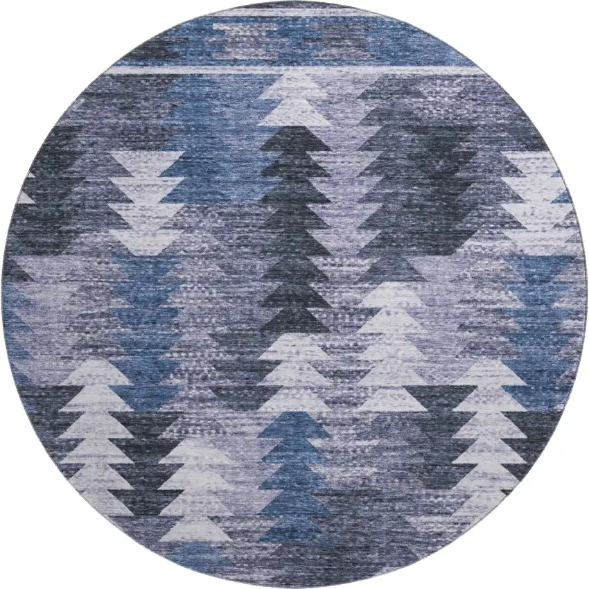 8' Blue And Ivory Southwestern Washable Round Rug With UV Protection Photo 1