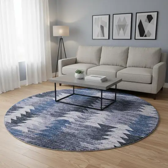 8' Blue And Ivory Southwestern Washable Round Rug With UV Protection Photo 2