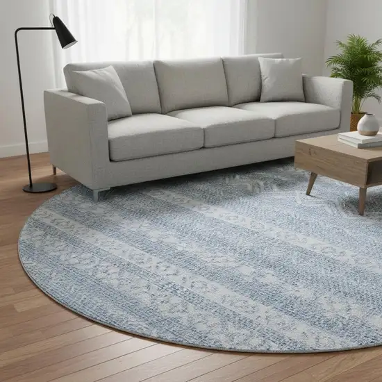 8' Blue And Ivory Southwestern Washable Round Rug With UV Protection Photo 2
