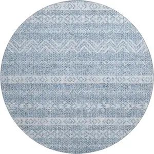 Photo of 8' Blue And Ivory Southwestern Washable Round Rug With UV Protection