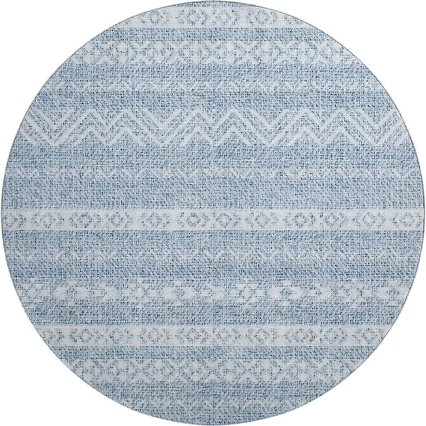 8' Blue And Ivory Southwestern Washable Round Rug With UV Protection Photo 1