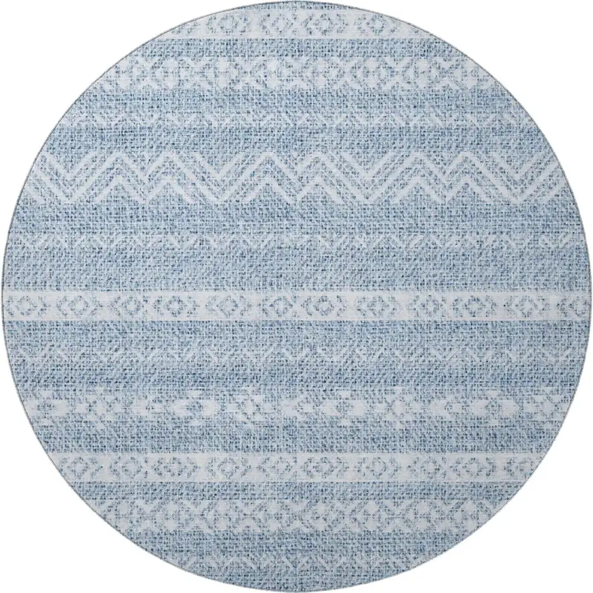 8' Blue And Ivory Southwestern Washable Round Rug With UV Protection Photo 4
