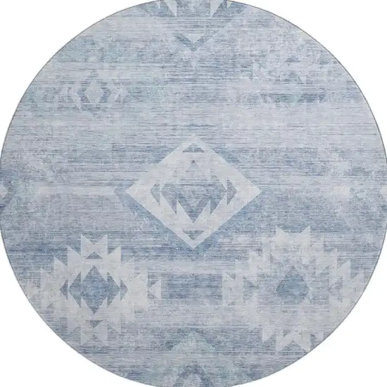 8' Blue And Ivory Southwestern Washable Round Rug With UV Protection Photo 4