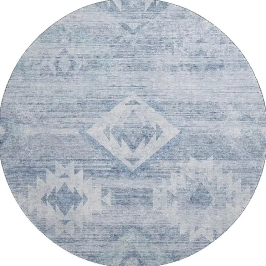 8' Blue And Ivory Southwestern Washable Round Rug With UV Protection Photo 4