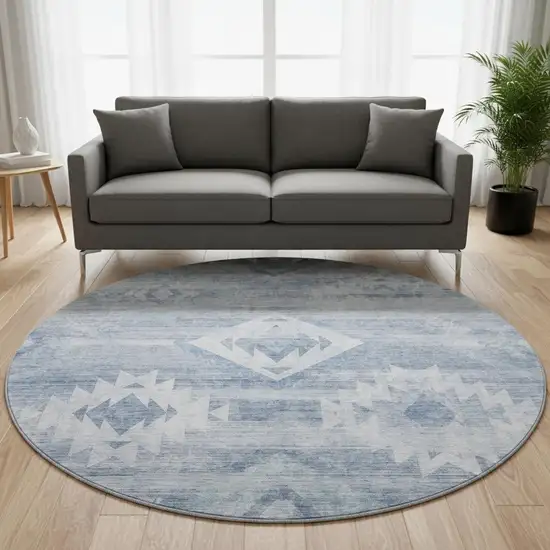 8' Blue And Ivory Southwestern Washable Round Rug With UV Protection Photo 2