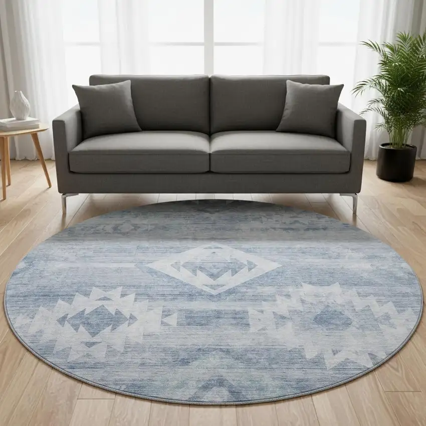 8' Blue And Ivory Southwestern Washable Round Rug With UV Protection Photo 2