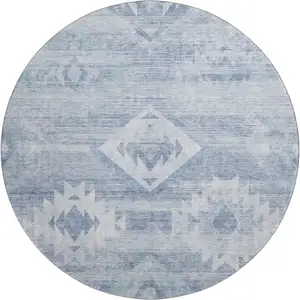 Photo of 8' Blue And Ivory Southwestern Washable Round Rug With UV Protection