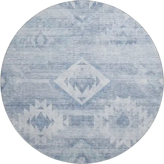 8' Blue And Ivory Southwestern Washable Round Rug With UV Protection Photo 1