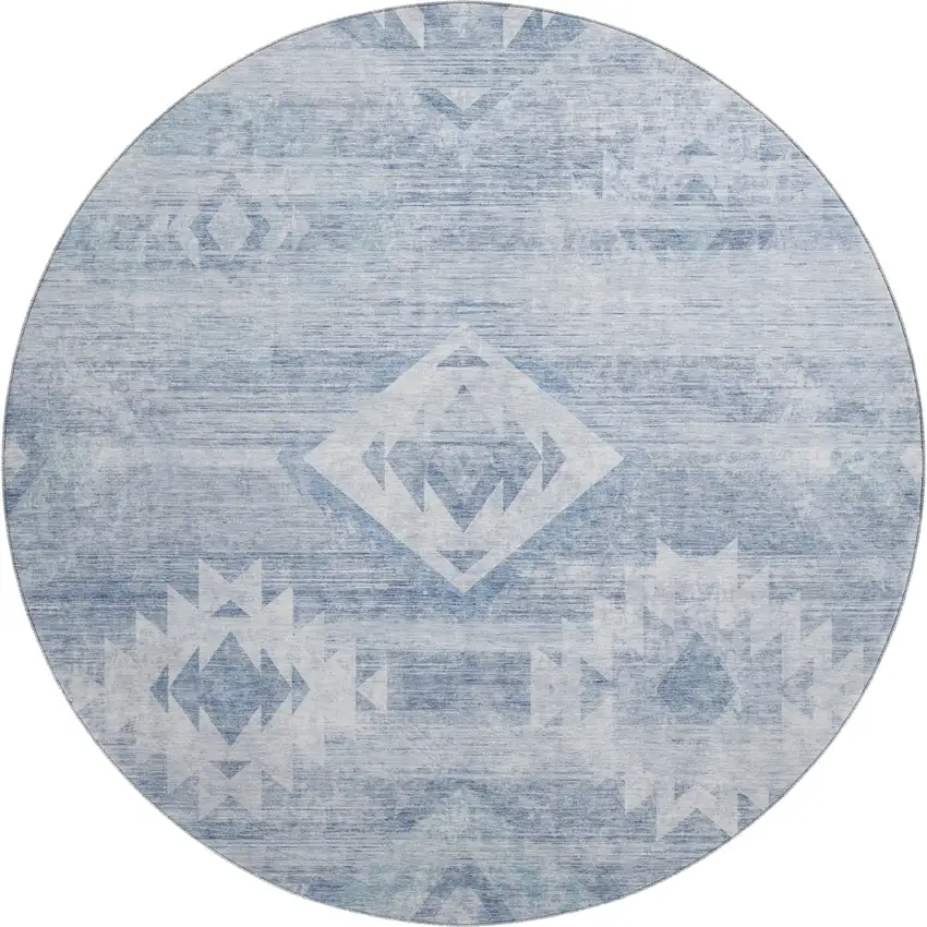 8' Blue And Ivory Southwestern Washable Round Rug With UV Protection Photo 1
