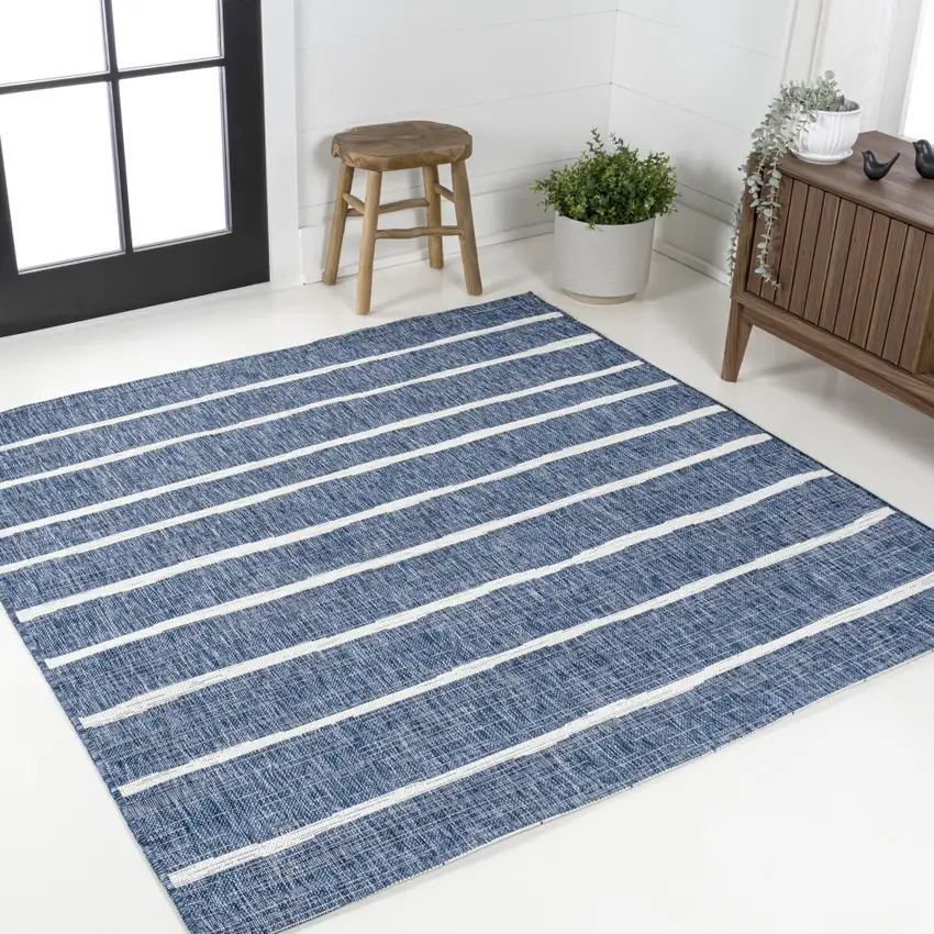 6' Blue And Ivory Square Striped Indoor Outdoor Area Rug Photo 4