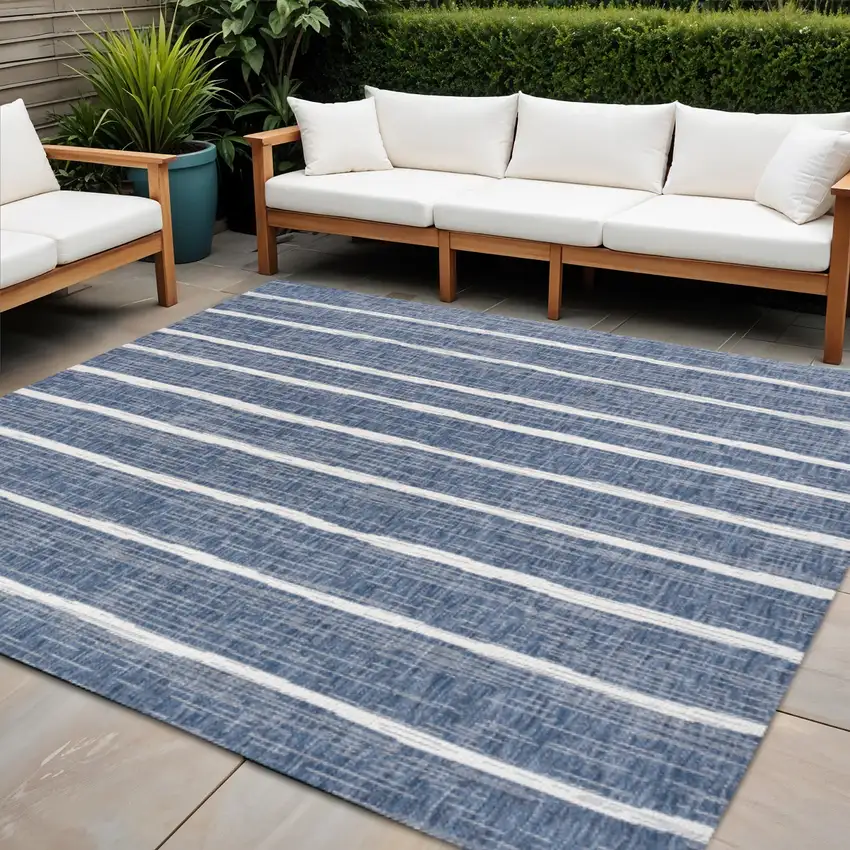 8' Blue And Ivory Square Striped Indoor Outdoor Area Rug Photo 1