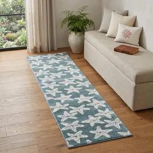 Photo of 7' Blue And Ivory Starfish Runner Rug