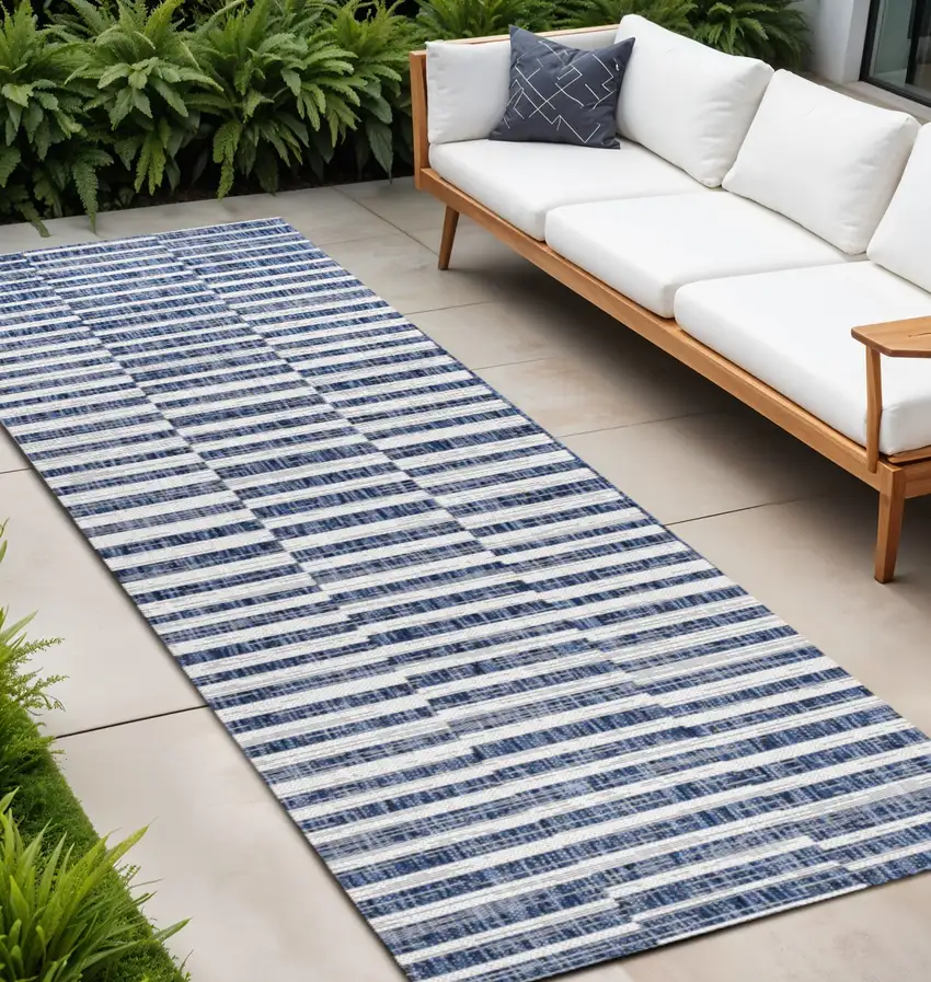 10' Blue And Ivory Striped Indoor Outdoor Runner Rug Photo 1