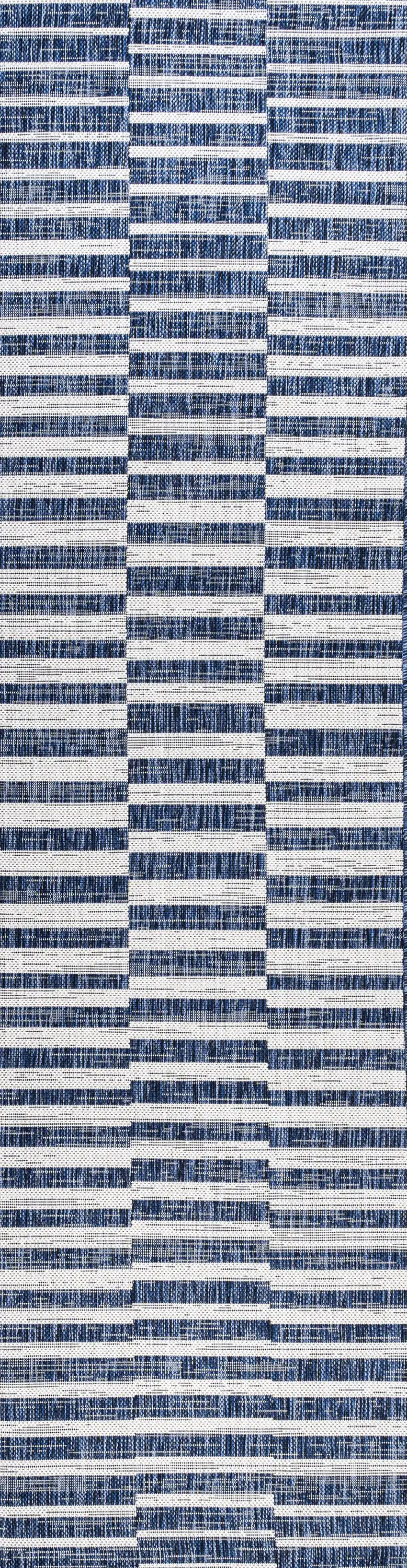 10' Blue And Ivory Striped Indoor Outdoor Runner Rug Photo 2