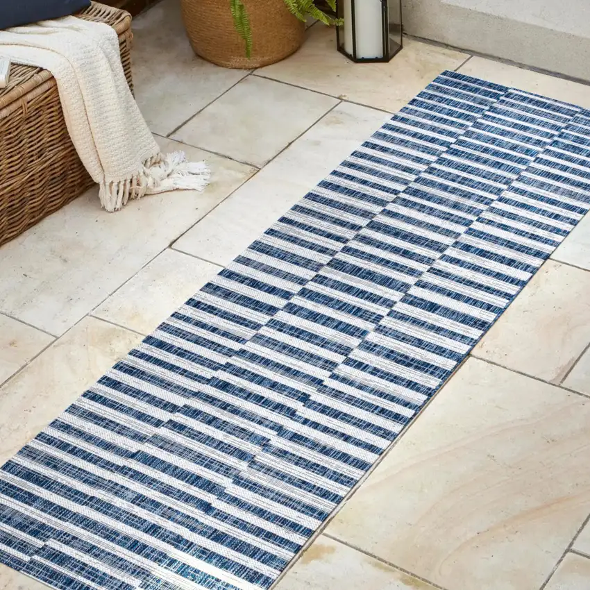 10' Blue And Ivory Striped Indoor Outdoor Runner Rug Photo 5
