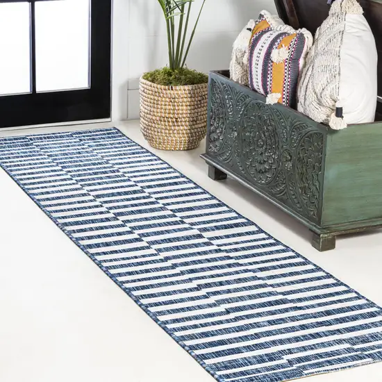 8' Blue And Ivory Striped Indoor Outdoor Runner Rug Photo 4