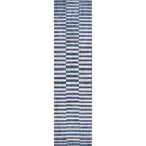 Photo of 8' Blue And Ivory Striped Indoor Outdoor Runner Rug