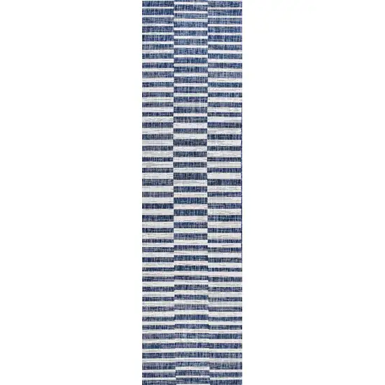 8' Blue And Ivory Striped Indoor Outdoor Runner Rug Photo 1