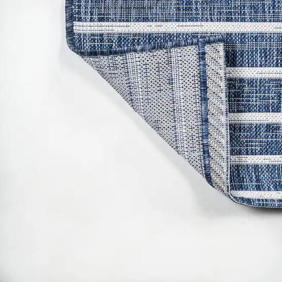 8' Blue And Ivory Striped Indoor Outdoor Runner Rug Photo 9