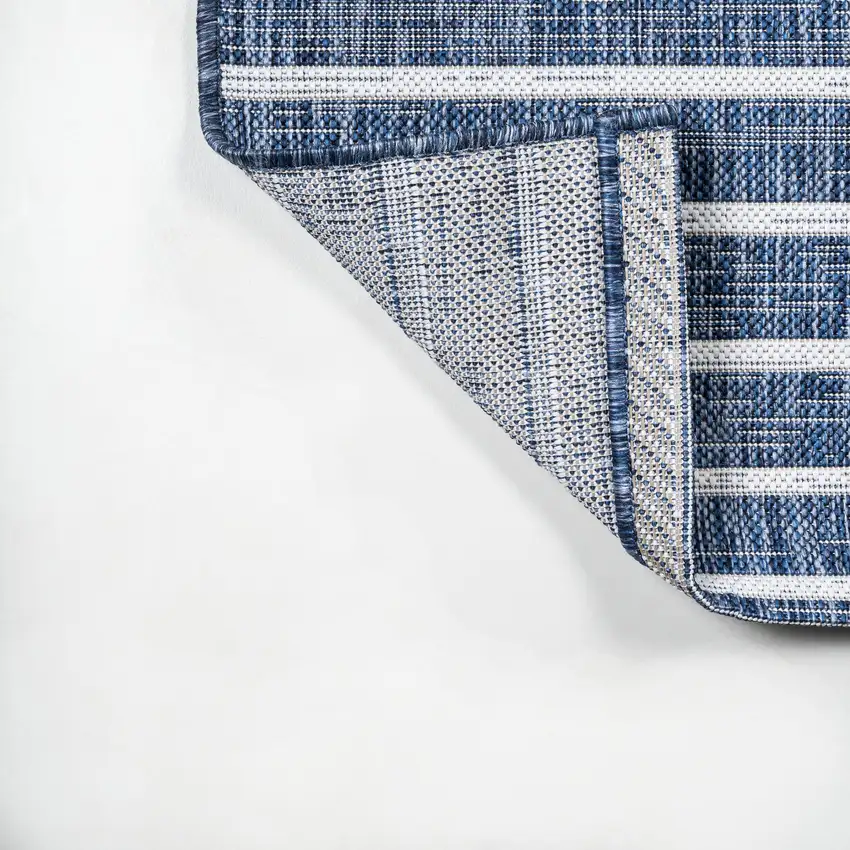 8' Blue And Ivory Striped Indoor Outdoor Runner Rug Photo 9