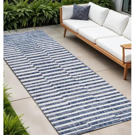 8' Blue And Ivory Striped Indoor Outdoor Runner Rug Photo 2