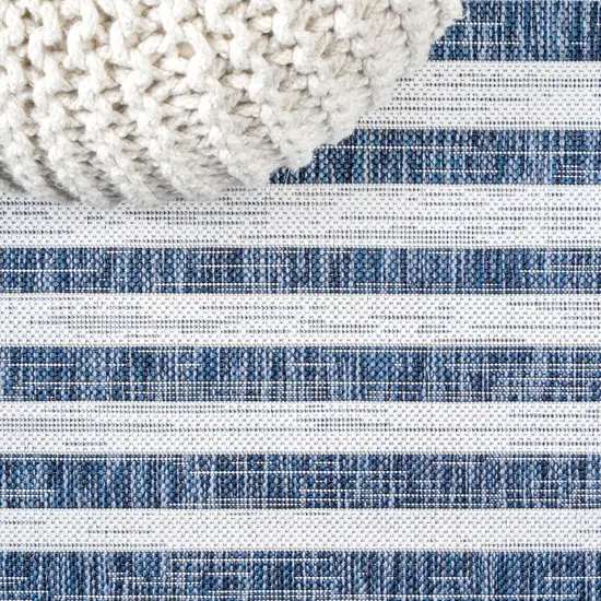 8' Blue And Ivory Striped Indoor Outdoor Runner Rug Photo 7