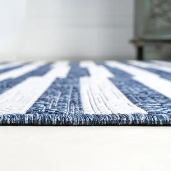 8' Blue And Ivory Striped Indoor Outdoor Runner Rug Photo 6