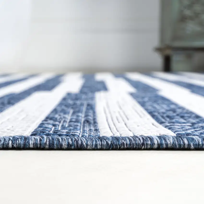 8' Blue And Ivory Striped Indoor Outdoor Runner Rug Photo 6