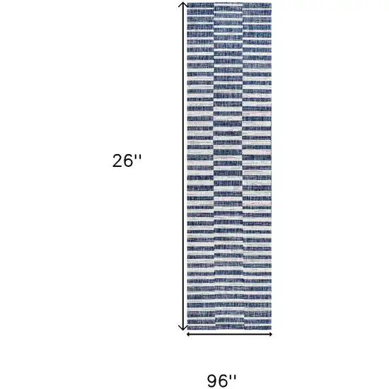 8' Blue And Ivory Striped Indoor Outdoor Runner Rug Photo 8