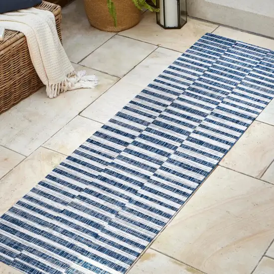 8' Blue And Ivory Striped Indoor Outdoor Runner Rug Photo 5