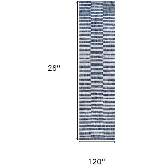 8' Blue And Ivory Striped Indoor Outdoor Runner Rug Photo 7
