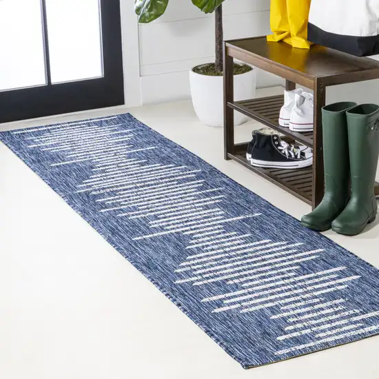 10' Blue And Ivory Striped Indoor Outdoor Runner Rug Photo 6