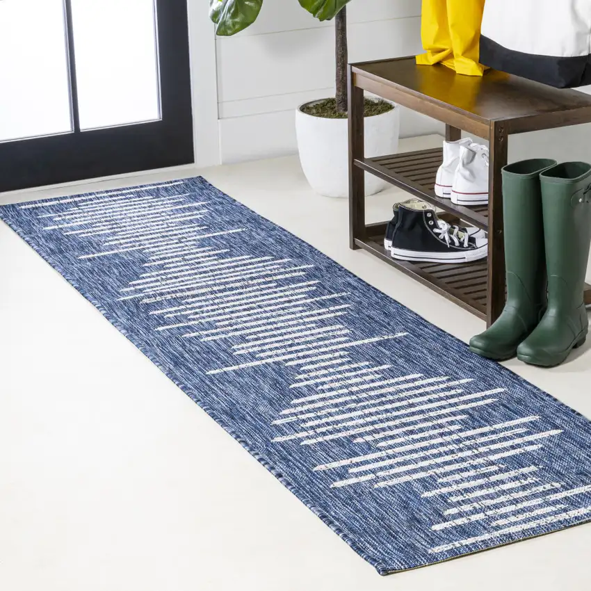 10' Blue And Ivory Striped Indoor Outdoor Runner Rug Photo 6