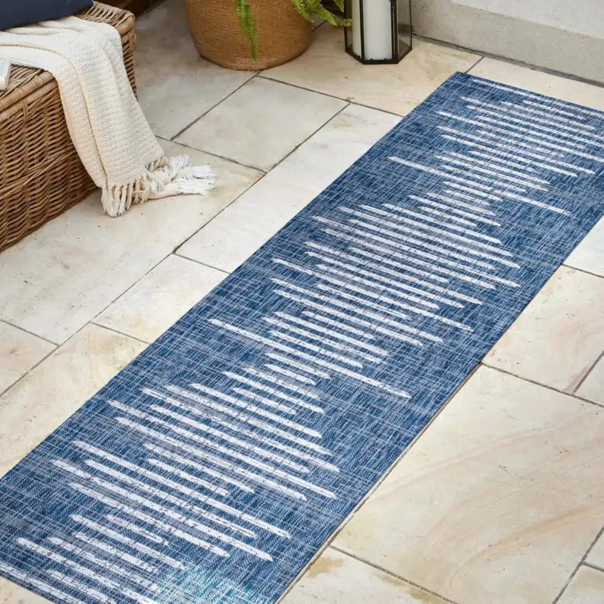 10' Blue And Ivory Striped Indoor Outdoor Runner Rug Photo 7